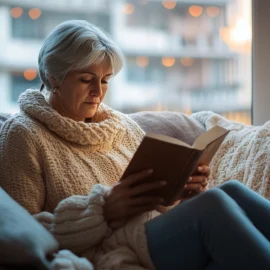 An older woman reading a book on the couch