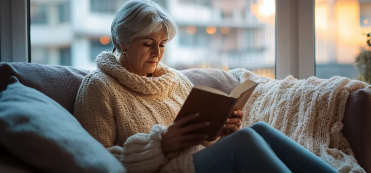 An older woman reading a book on the couch