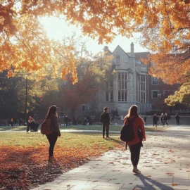 Students walking on a college campus during the fall, representing the fact that large colleges are doing well while small colleges are shutting down