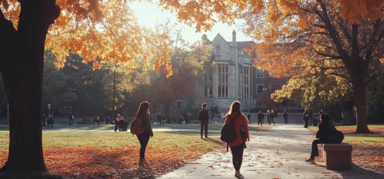 Students walking on a college campus during the fall, representing the fact that large colleges are doing well while small colleges are shutting down