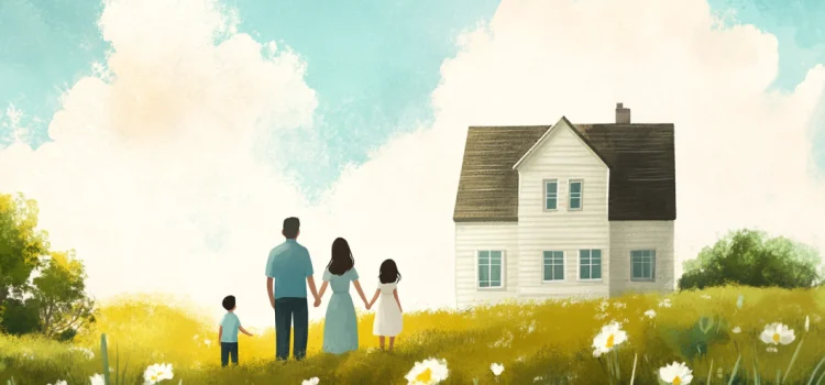 A drawing of a family of four standing in a field in front of a house amid the US housing shortage