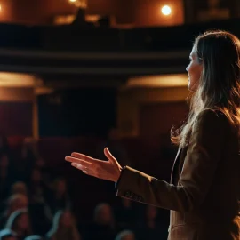 A woman showing how to be more charismatic by talking with confidence to an audience