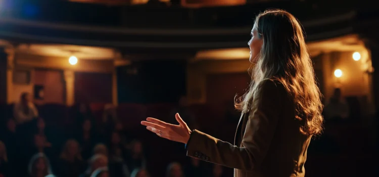 A woman showing how to be more charismatic by talking with confidence to an audience