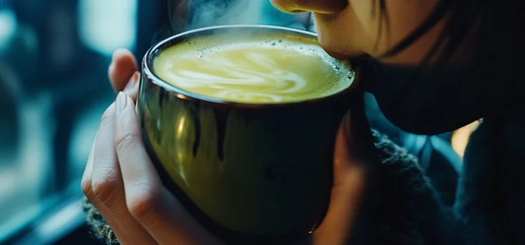 A young girl drinking a matcha latte out of a ceramic mug, considering the pros and cons of green tea