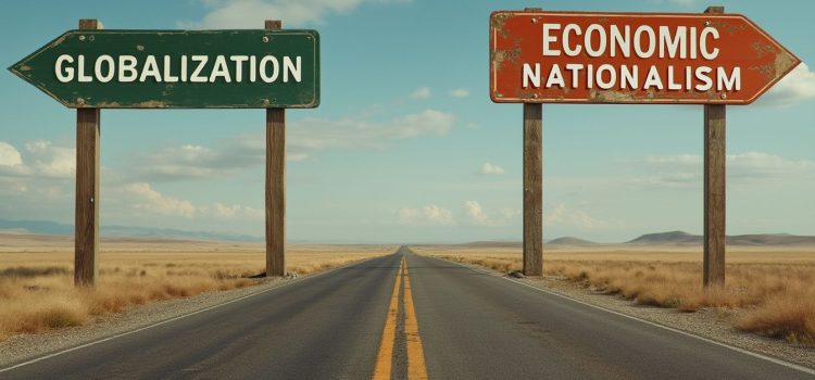 A road with a sign to the left labeled "Globalization" and a sign to the right labeled "Economic Nationalism"