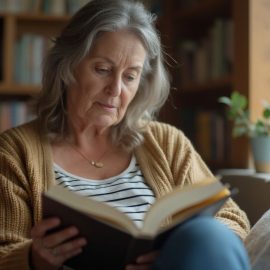 A gray-haired woman sitting on a couch at home and reading a book