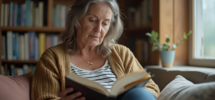 A gray-haired woman sitting on a couch at home and reading a book