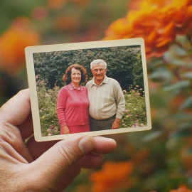 A hand holding an old photograph of a baby boomer age couple with trees in the background