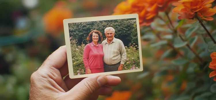 A hand holding an old photograph of a baby boomer age couple with trees in the background