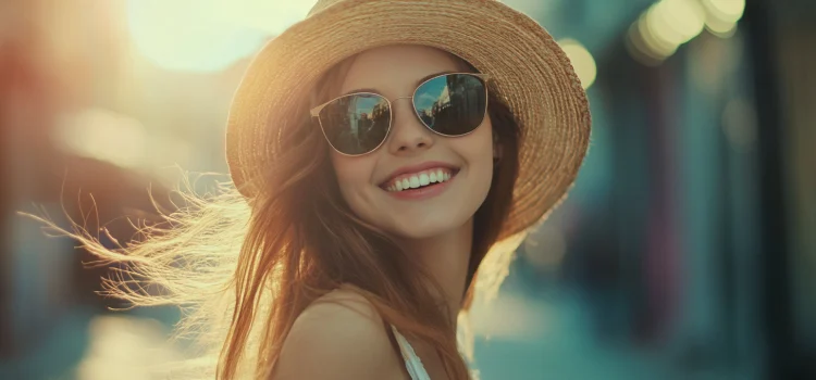 A woman who knows how to identify her core values, wearing a hat and sunglasses outside