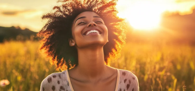 A happy woman in a field who's learned why mindfulness is important