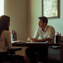 A man interviewing a woman in an office, showing how to answer interview questions confidently