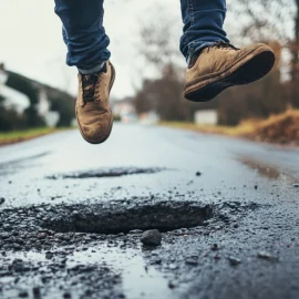 A man jumping over a pothole in the road, overcoming obstacles in life