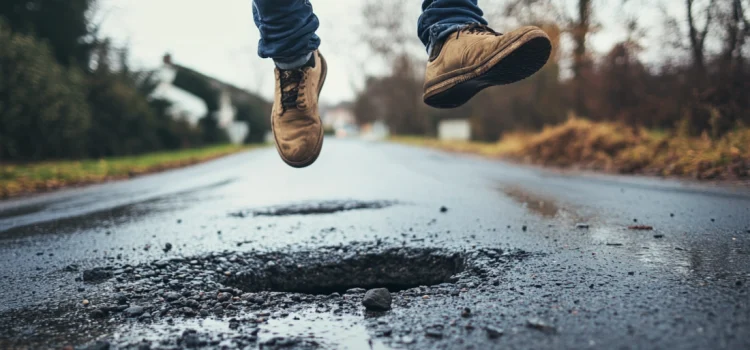 A man jumping over a pothole in the road, overcoming obstacles in life