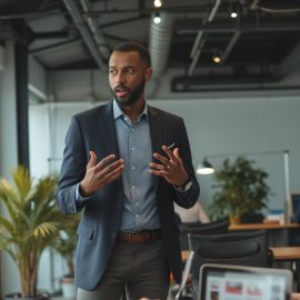 A confident leader speaking to a small group of people in an open workspace illustrates credibility in marketing