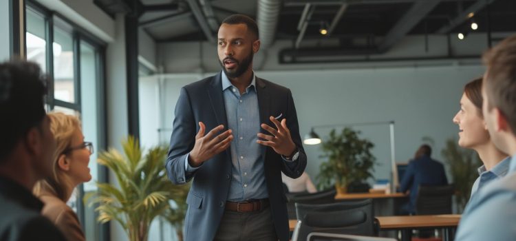 A confident leader speaking to a small group of people in an open workspace illustrates credibility in marketing