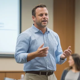 A businessman showing successful leader characteristics by talking in front of a group of people in a presentation