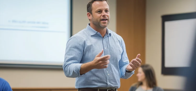 A businessman showing successful leader characteristics by talking in front of a group of people in a presentation