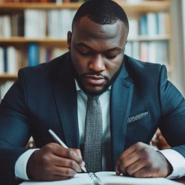 A man in a business suit writing in a notebook about organizational management strategies