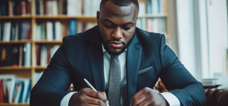 A man in a business suit writing in a notebook about organizational management strategies