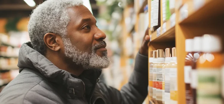 A man looking at a product on a shelf, representing the psychology of retail