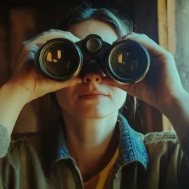 A person narrowing her focus by looking through binoculars