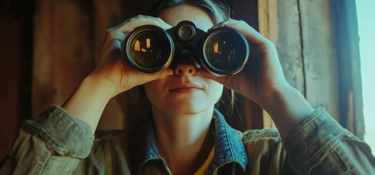 A person narrowing her focus by looking through binoculars