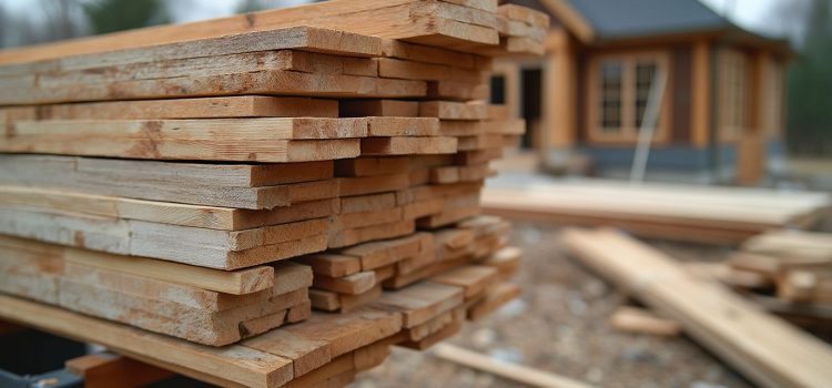 A stack of lumber at a home construction site illustrates lumber prices in 2024