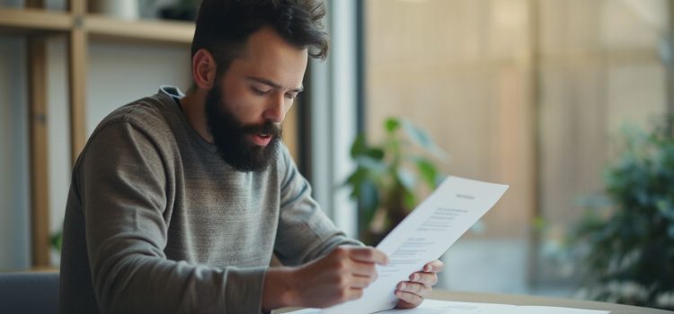 A man with a beard sitting at a desk and looking at a resume for government jobs