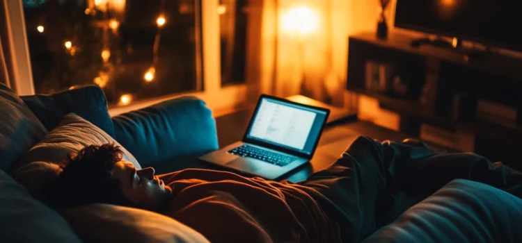 A man sleeping on the couch with his laptop open, giving into the low causes of motivation