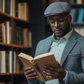 A man reading a book in a library