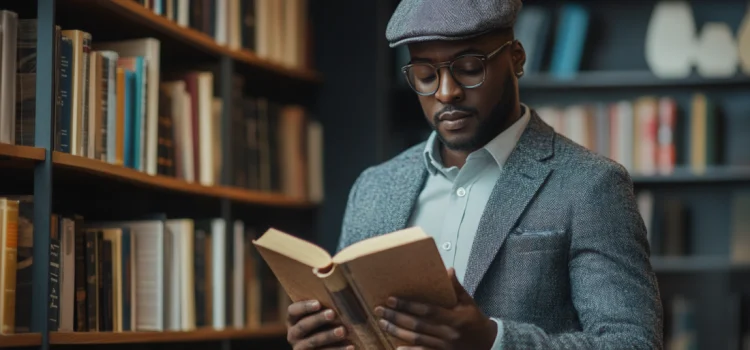 A man reading a book in a library