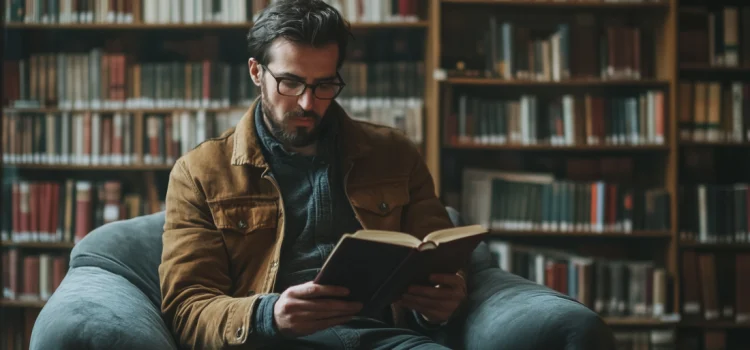 A man reading a book in a library