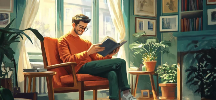 A man happily reading a book at home