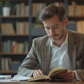 A man in a checked jacket reading a book in an office with a big plant and bookshelves in the background