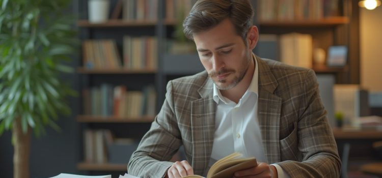 A man in a checked jacket reading a book in an office with a big plant and bookshelves in the background