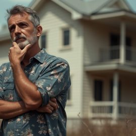 A man with grey hair and beard thinking in front of a house illustrates the question, "Is it a good time to refinance?"