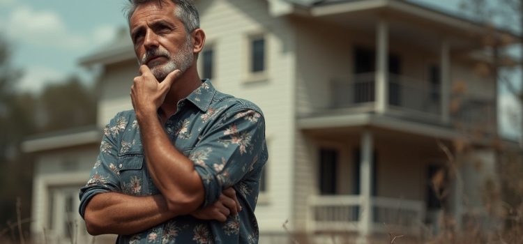 A man with grey hair and beard thinking in front of a house illustrates the question, "Is it a good time to refinance?"