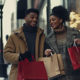 A man and a woman in winter attire holding shopping bags outside, showing gender and consumer behavior differences