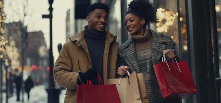 A man and a woman in winter attire holding shopping bags outside, showing gender and consumer behavior differences