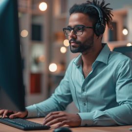 A professional man with glasses and a beard doing copywriting at a desktop computer