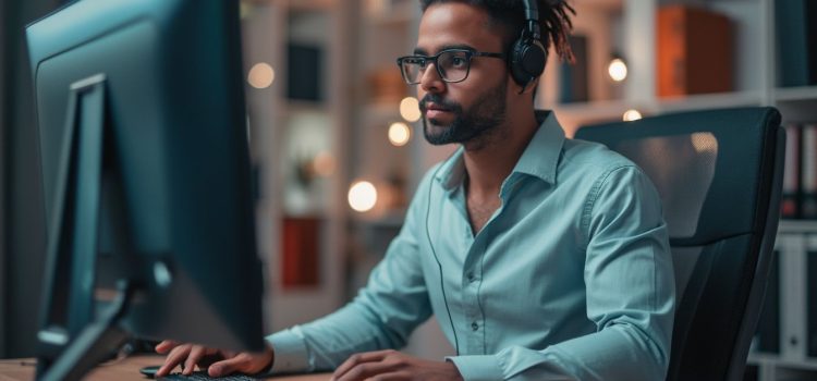 A professional man with glasses and a beard doing copywriting at a desktop computer