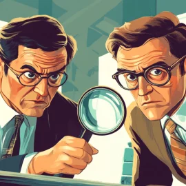 A drawing of two managers in suits looking through a magnifying glass to signify an employee Performance Improvement Plan