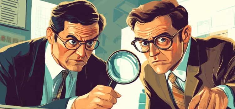 A drawing of two managers in suits looking through a magnifying glass to signify an employee Performance Improvement Plan