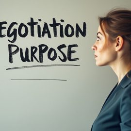 A woman with brown curly hair in a ponytail looking at the words "Negotiation Purpose" on a white board