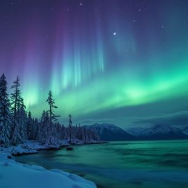 The aurora borealis seen over a lake and snowy trees illustrates what the northern lights are and what causes them