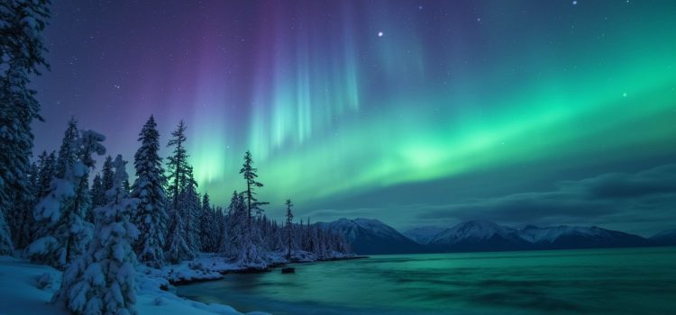 The aurora borealis seen over a lake and snowy trees illustrates what the northern lights are and what causes them