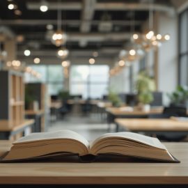 An open book on a desk in an open workspace