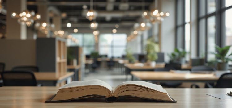 An open book on a desk in an open workspace