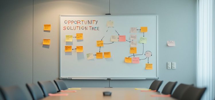 A conference room with a white board that has sticky notes, a flowchart, and the words "opportunity solution tree"